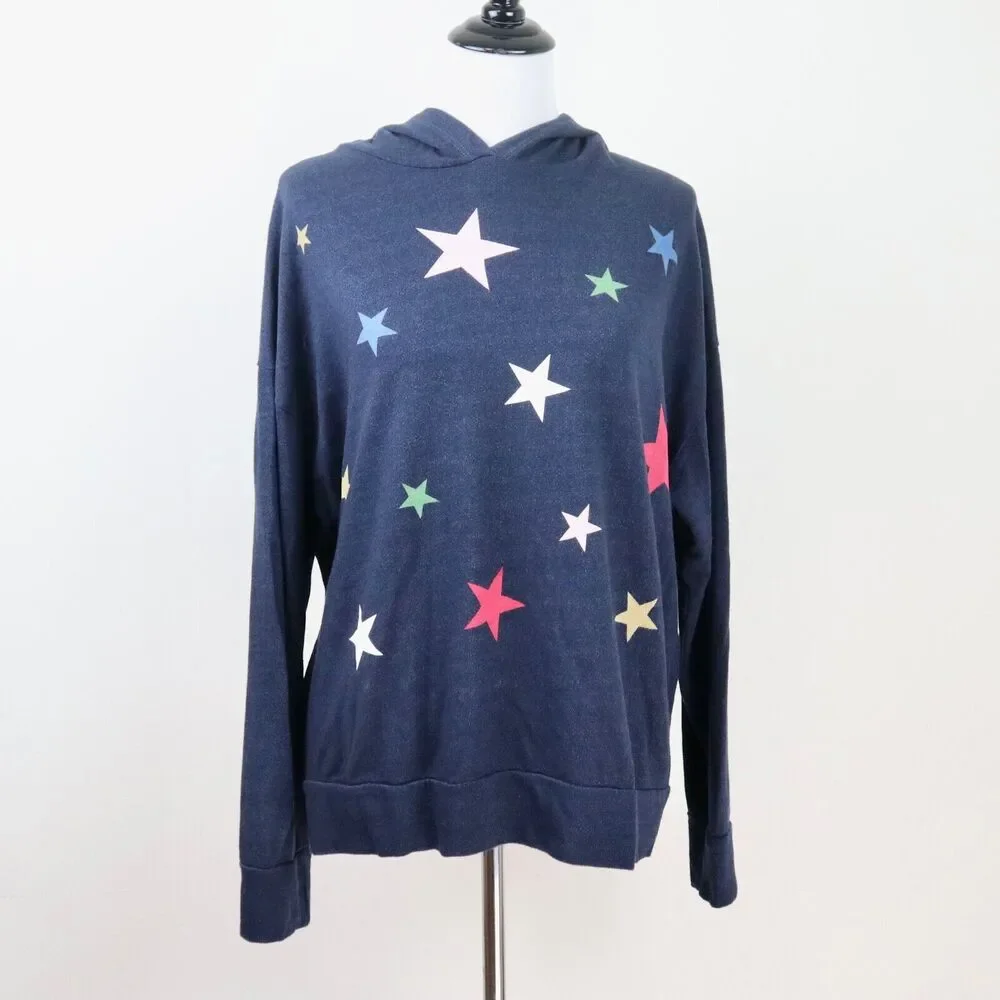 Sundry Size 4 / XL Star Print Graphic Hoodie French Terry Navy Blue - Picture 3 of 11